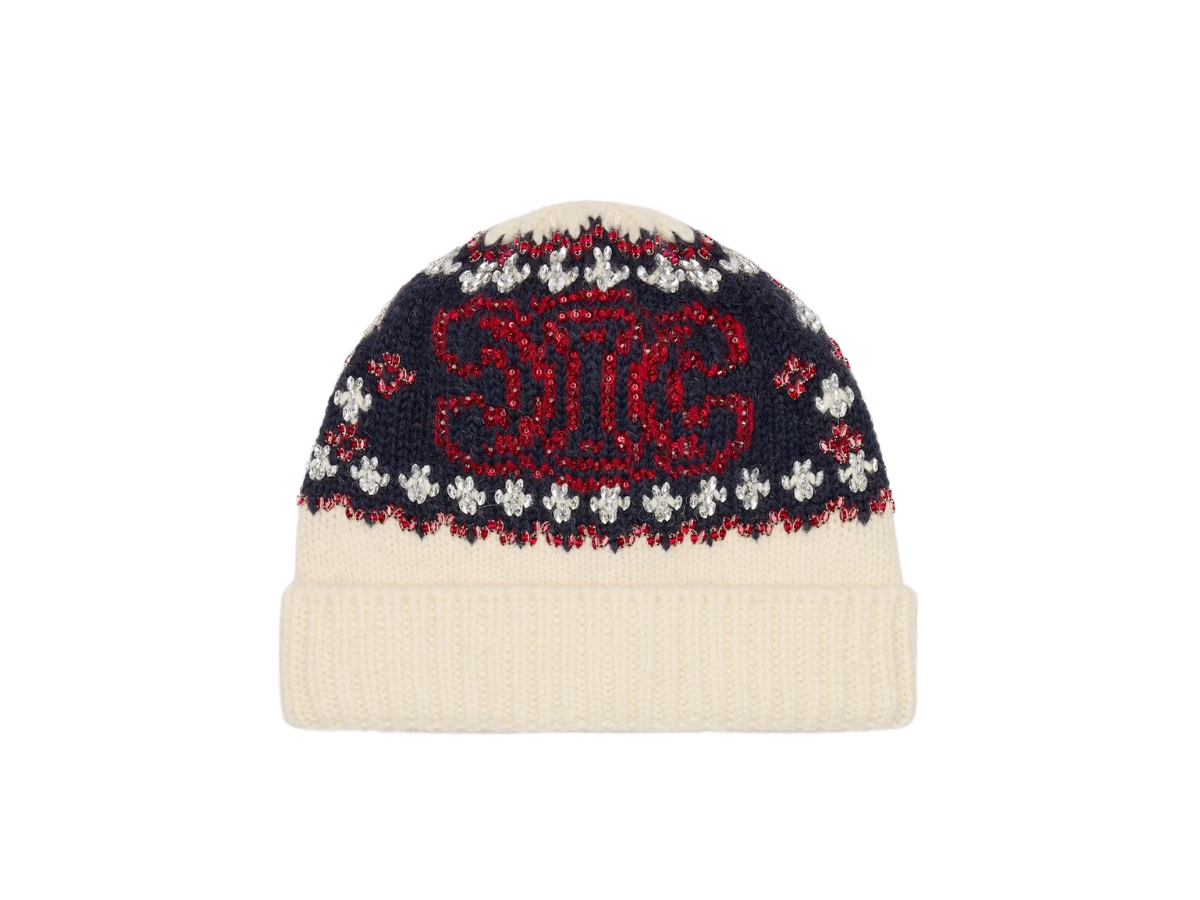 Celine Embroidered Beanie In Fair Isle Wool White-navy-red