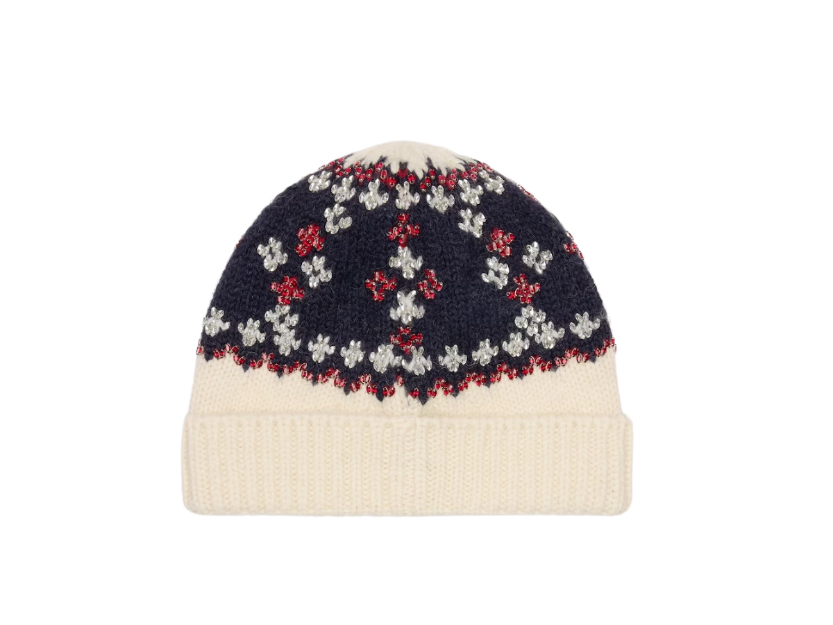 Celine Embroidered Beanie In Fair Isle Wool White-navy-red