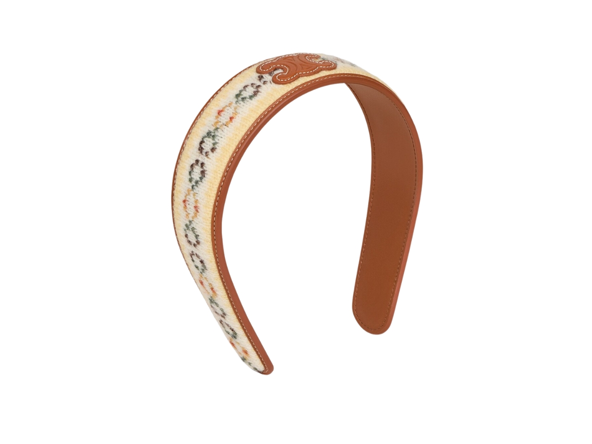 Celine Triomphe Fair Isle Headband in Wool and Calfskin Yellow-Tan