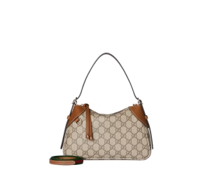 Buy Gucci GG Emblem Small Shoulder Bag In Light Gold Tone Hardware With Beige And Dark Brown at Sasom – Authentic and Ready to Ship