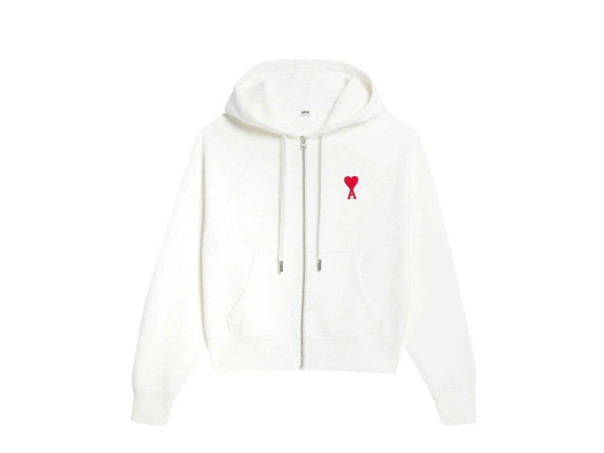 ★★AMI PARIS★★ Logo Embroidered Hood White USW203731100 U Ami Paris Zipped Hoodie With Logo Embroidered White | ของแท้