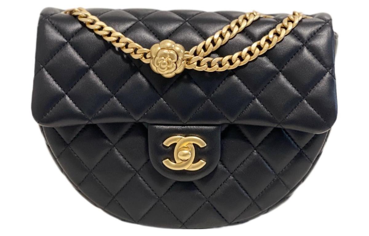 Chanel Lambskin Half Moon Messenger Bag Saddle Bag Chain Shoulder Bag  Crossbody Bag Small Size Women's Black - Main Image