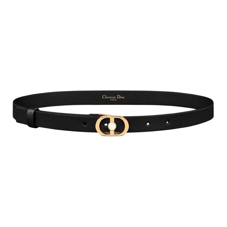 Dior Resin Pearl Metal Calfskin Brass Aluminum Leather Belts Women's Black Width 2CM