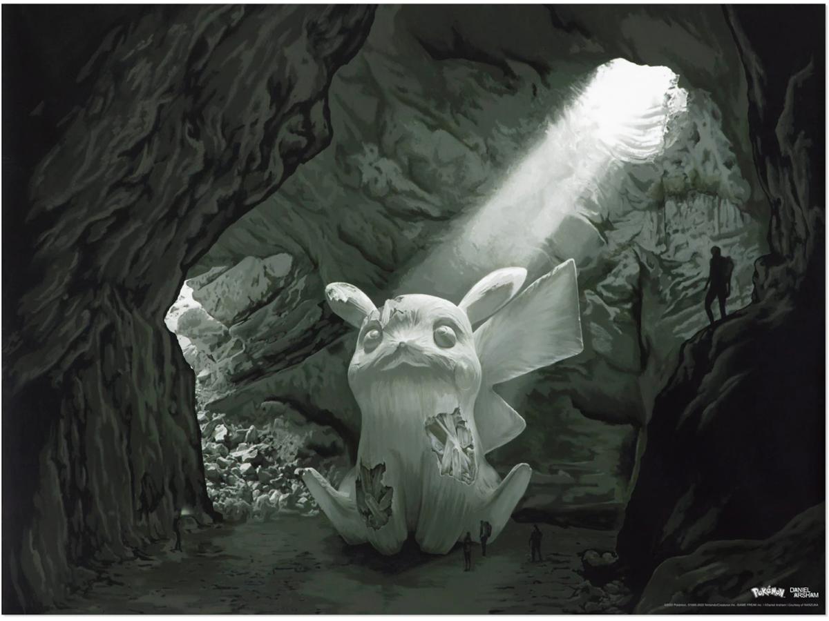 https://d2cva83hdk3bwc.cloudfront.net/G-DAN-1DB63F8-daniel-arsham-x-pokemon-cave-of-pikachu-a2-poster-grey-1.jpg