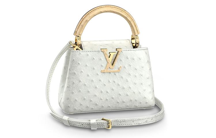 Louis Vuitton Capucines Ostrich Leather Capusin Shoulder Crossbody Handbag  Mini Women's Pearl White/Gold