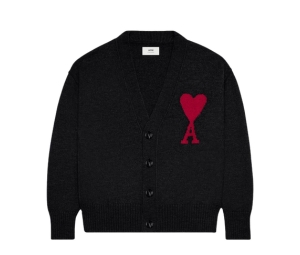 AMI Intarsia-Logo Wool Cardigan Black Red