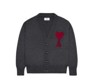 Ami Paris Red Ami De Coeur Cardigan In Felted Merino Wool Heather Grey-Red