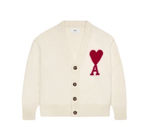 Ami Paris Red Ami De Coeur Cardigan In Felted Merino Wool Off-White-Red