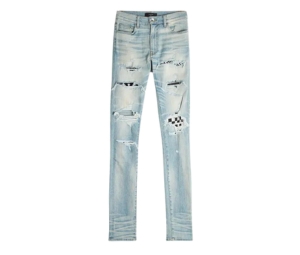 AMIRI Thrasher Distressed Tiger-Print Denim Shorts Blue