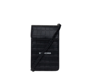 Balenciaga Cash Phone And Card Holder In Crocodile Embossed Calfskin With Brass Hardware Black