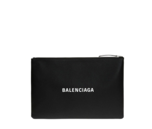 Balenciaga Embossed Logo Everyday Large Clutch In Calfskin Leather With Silver-Tone Hardware Black