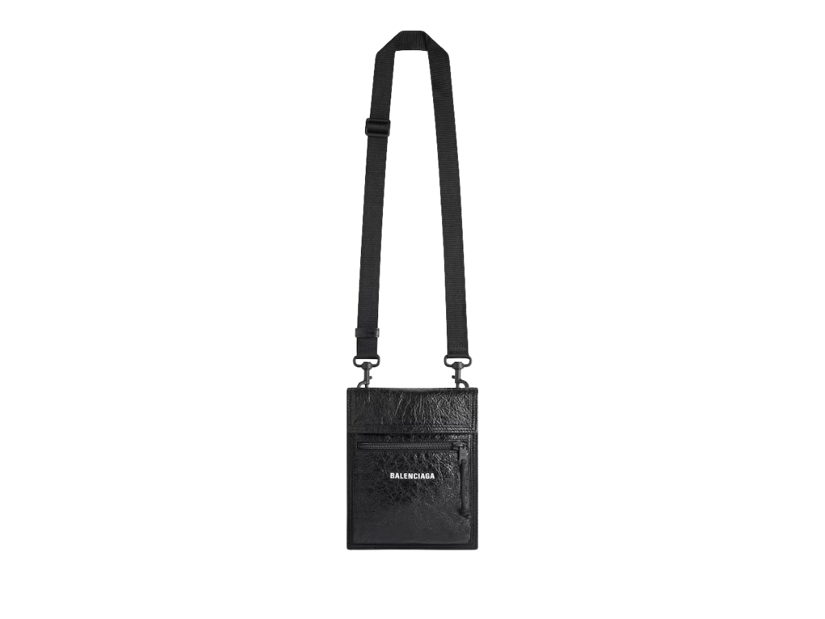 Balenciaga Explorer Small Pouch With Strap In Black Arena Lambskin Leather With Matte Black Hardware Black