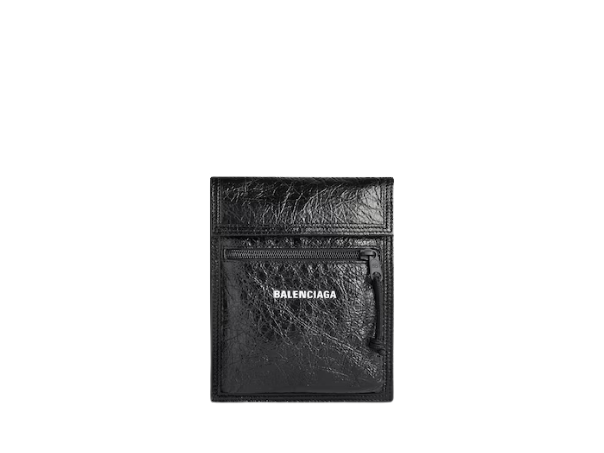 Balenciaga Explorer Small Pouch With Strap In Black Arena Lambskin Leather With Matte Black Hardware Black