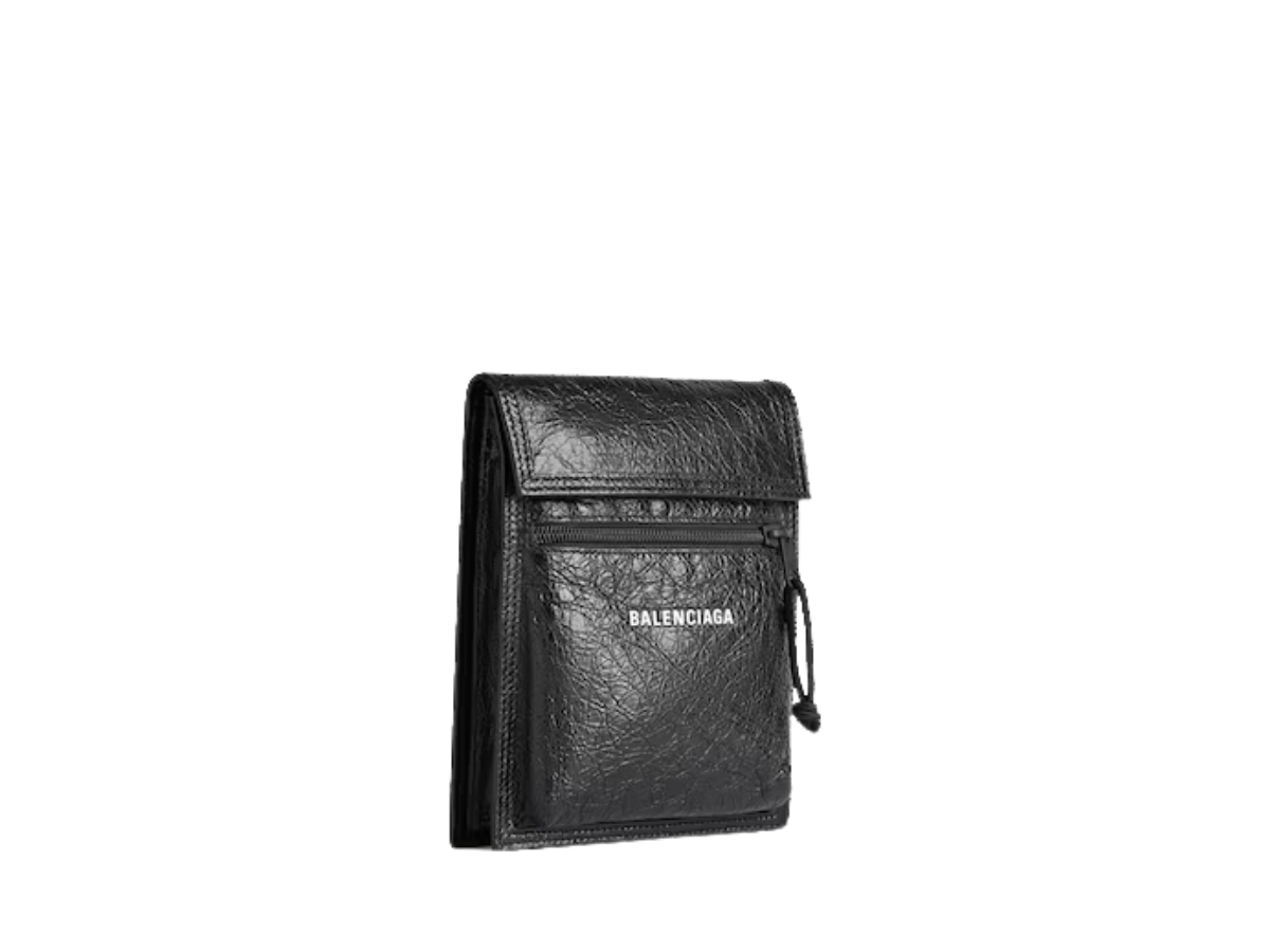 Balenciaga Explorer Small Pouch With Strap In Black Arena Lambskin Leather With Matte Black Hardware Black