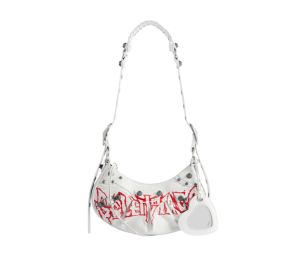 Buy Balenciaga Le Cagole XS Shoulder Bag In White DIY Metal Artwork Printed Arena Lambskin With Aged-Silver Hardware at Sasom – Authentic and Ready to Ship
