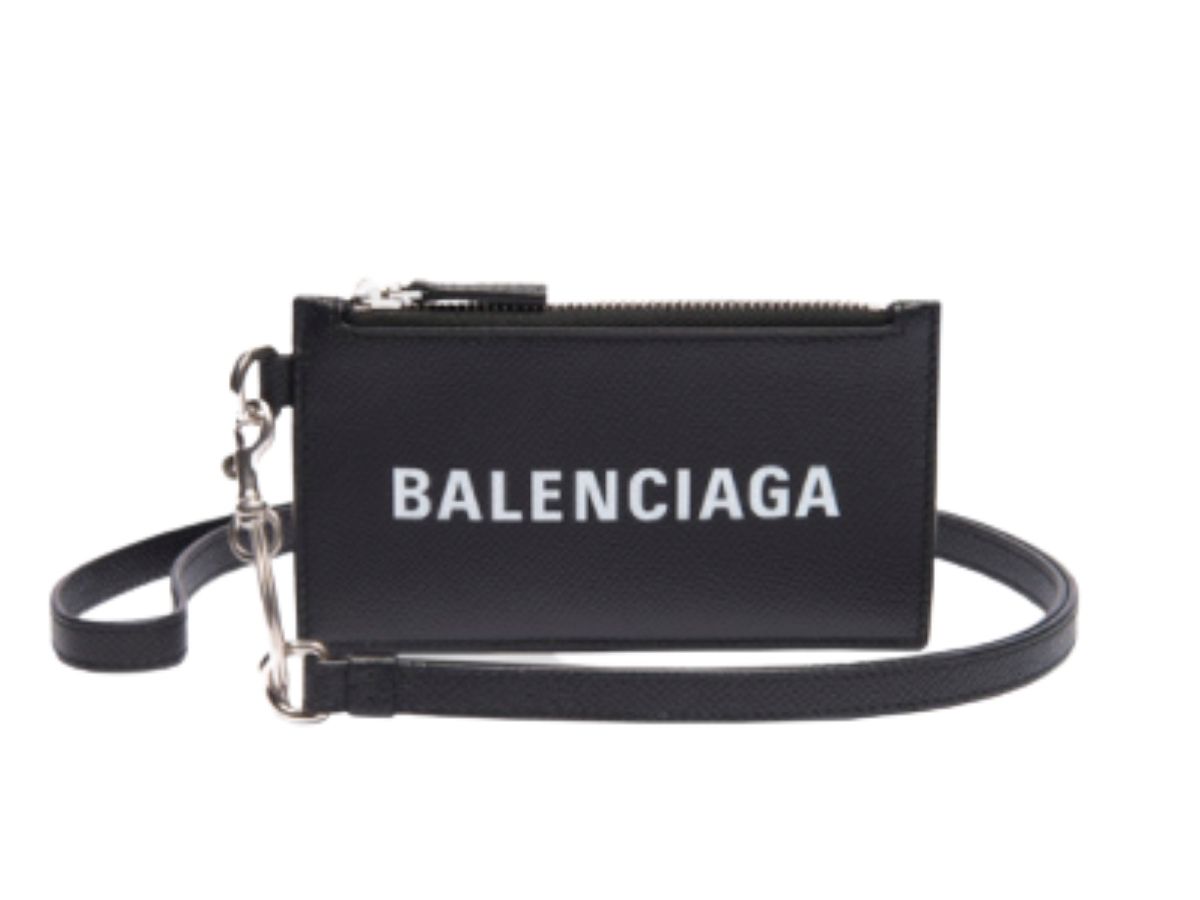 Balenciaga All Over Brand Print Black Leather Lanyard Card Holder