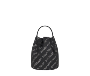 Balenciaga Wheel Drawstring Bucket Bag XS In Recycled Nylon-Crystal Lettering Black