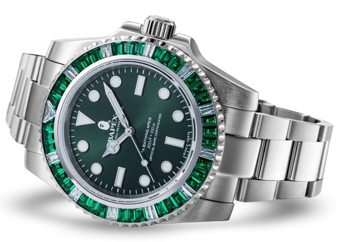 BAPE Type 1 Bapex Crystal Stone Watch Silver/Green