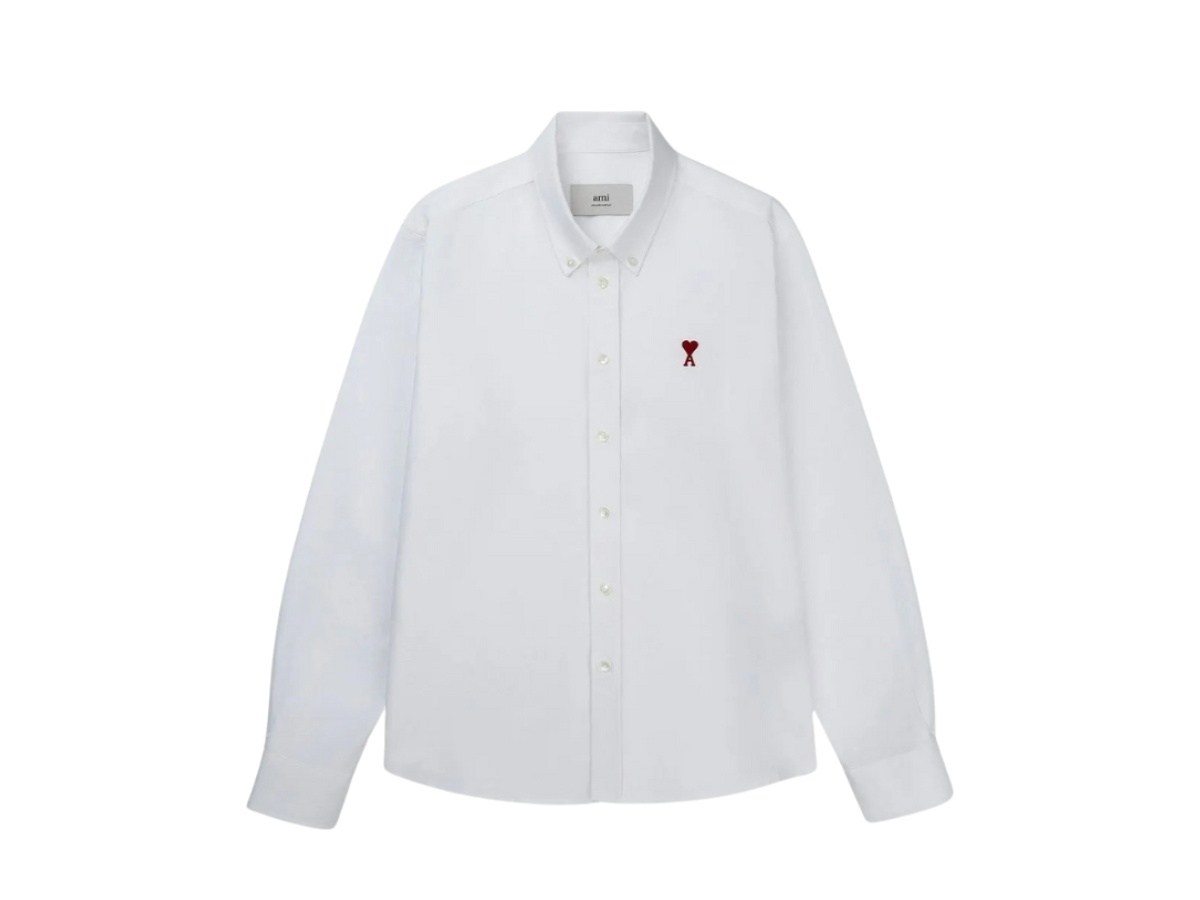 ★★AMI PARIS★★ Red Heart Logo Shirt Natural White BFUSH06 Natural White Button-Down Ami De Coeur Shirt | AMI PARIS