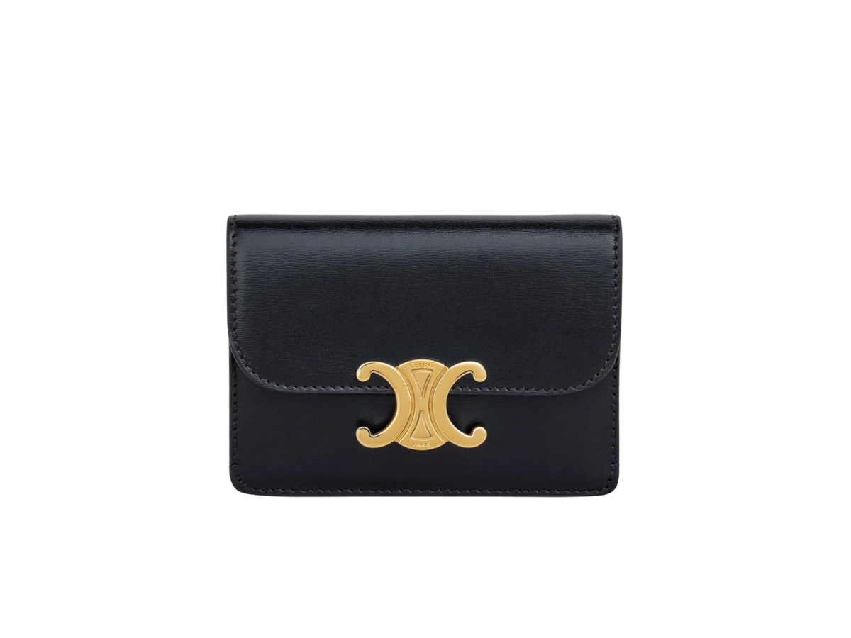 CELINE CARD HOLDER WITH FLAP TRIOMPHE IN BLACK SHINY CALFSKIN