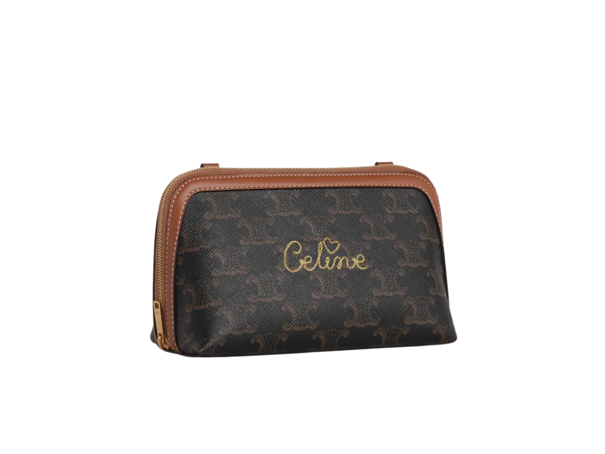 CELINE Lambskin Triomphe Canvas Embroidered Logo Clutch With Chain