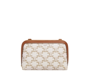 Celine Clutch With Chain In Triomphe Canvas And Lambskin With Gold Finishing White Tan