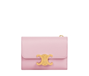 Celine Compact Wallet With Coin Triomphe In Shiny Calfskin With Gold Finishing Light Pink