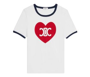 Celine Heart Triomphe T-Shirt In Cotton Jersey Off White-Navy-Red