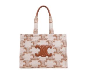 Celine Large Cabas Thais In Mohair With Triomphe Print And Calfskin Beige-Cuoio