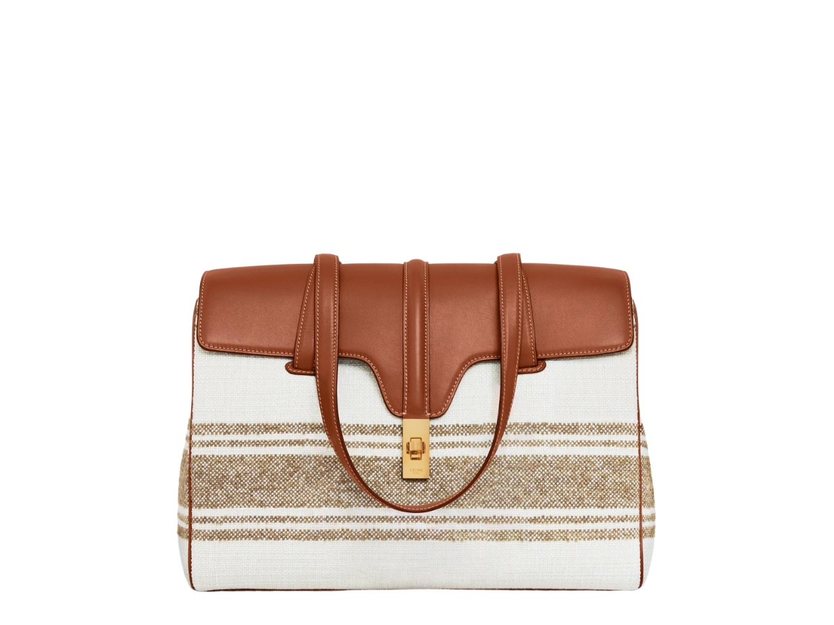 Celine Medium Soft 16 Bag In Striped Textile And Calfskin With Gold Finishing Tobacco Tan