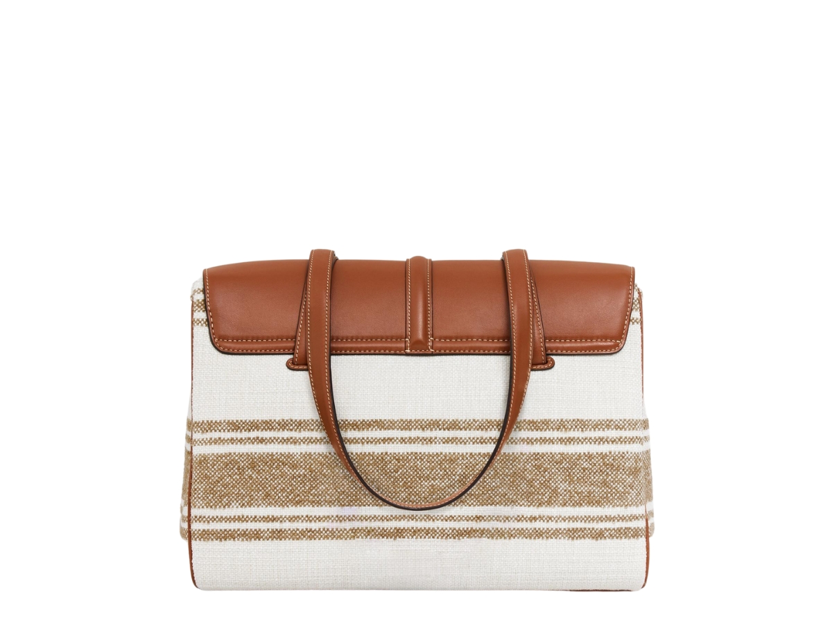 Celine Medium Soft 16 Bag In Striped Textile And Calfskin With Gold Finishing Tobacco Tan