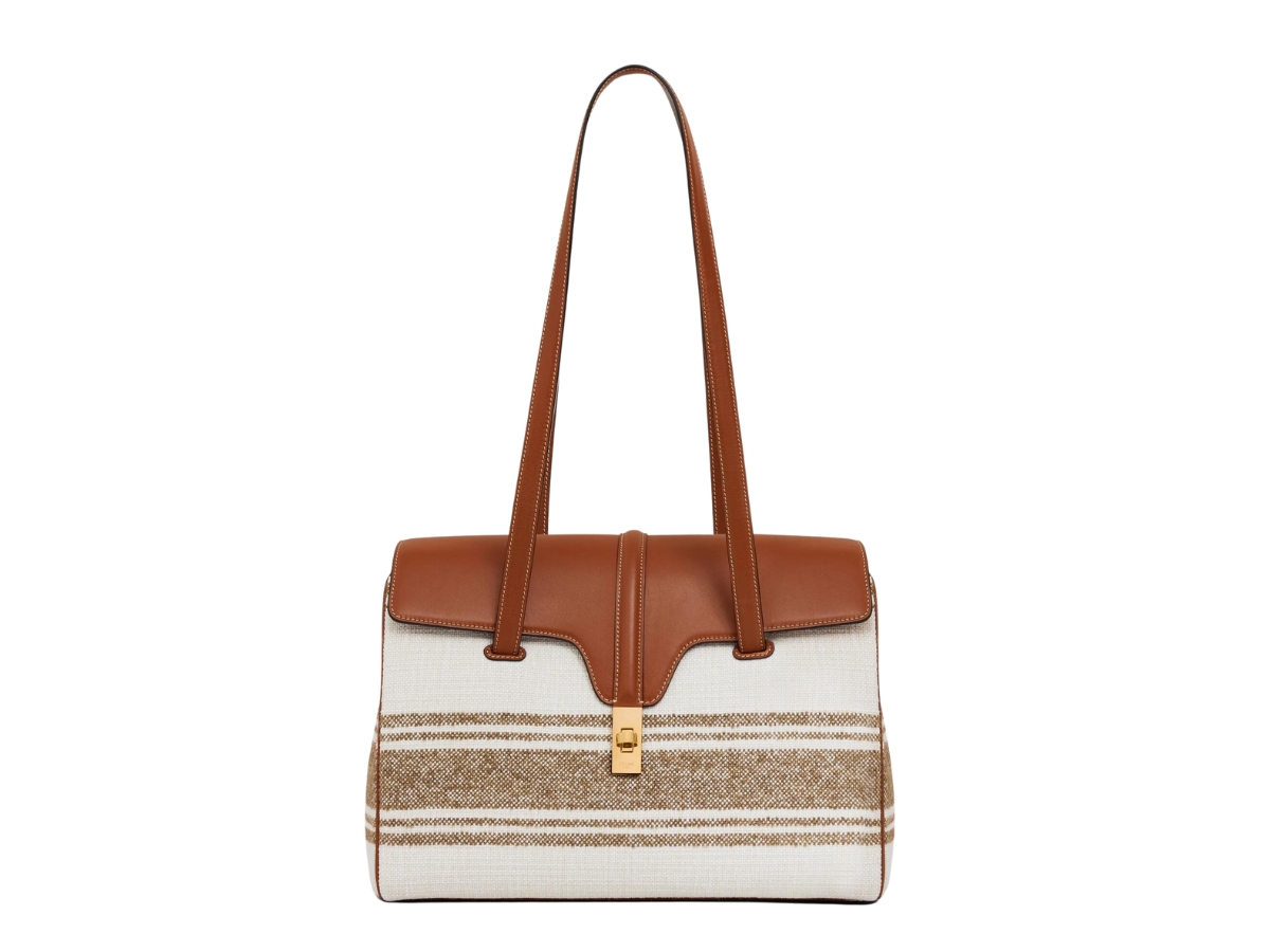 Celine Medium Soft 16 Bag In Striped Textile And Calfskin With Gold Finishing Tobacco Tan