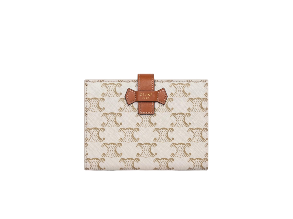 Medium Strap Wallet in Triomphe Canvas and Lambskin Leather - White / Tan - For Women - Celine