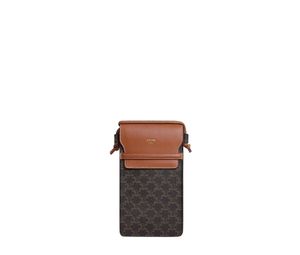 Celine Phone Pouch With Flap In Triomphe Canvas And Lambskin Tan