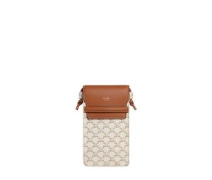 Celine Phone Pouch With Flap In Triomphe Canvas And Lambskin White Tan