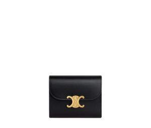Celine Small Wallet Triomphe In Shiny Calfskin With Gold Finishing Black