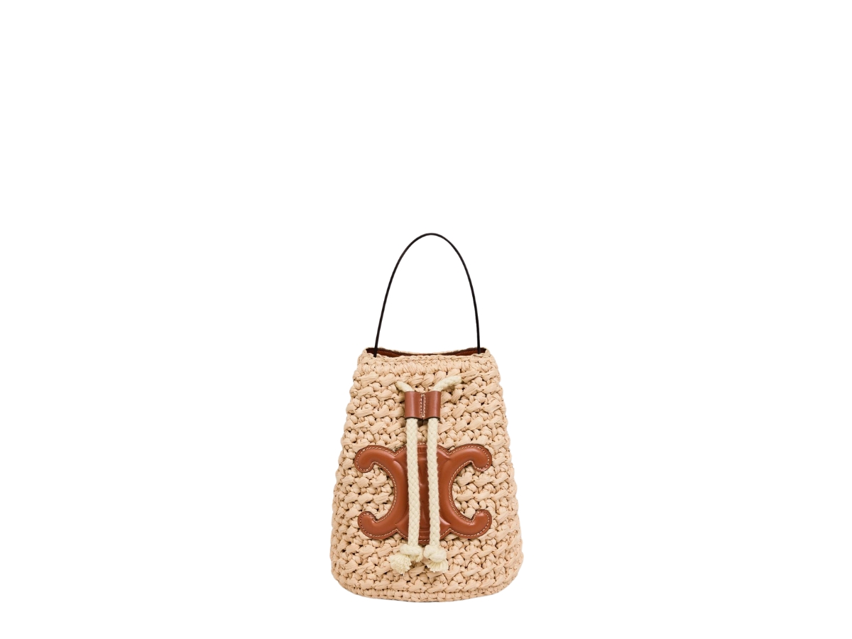Celine Teen Drawstring In Raffia And Calfskin Natural Tan