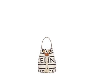 Celine Teen Drawstring In Textile With Celine All-Over And Calfskin White Black