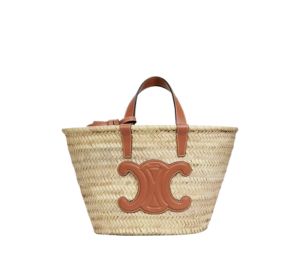 Celine Teen Triomphe Celine Classic Panier In Palm Leaves And Calfskin With Gold Finishing Tan