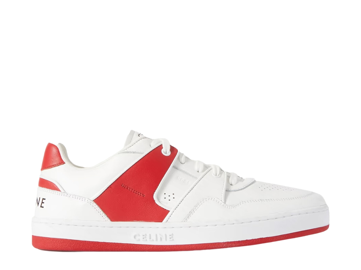 Celine Trainer Low Lace-Up Sneaker In Calfskin Optic White Red