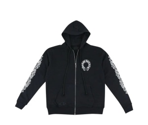 Buy Chrome Hearts Horseshoe Floral Cross-Sleeve Zip Up Hoodie Black White at Sasom – Authentic and Ready to Ship