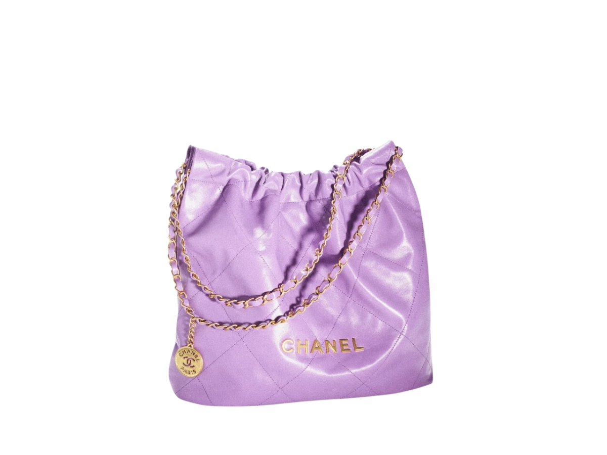 Chanel 22 Handbag Shiny Calfskin Gold AS3261 Purple in 2023