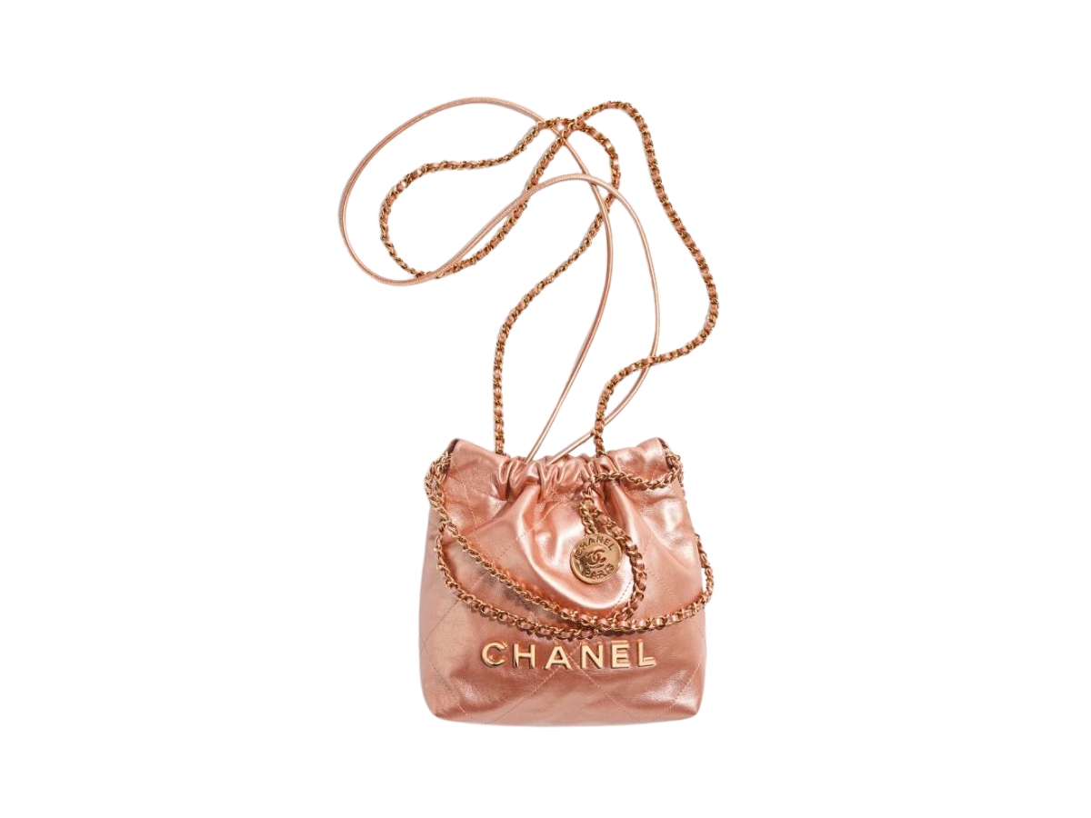 Chanel 22 mini handbag, Metallic calfskin & pink gold-tone metal