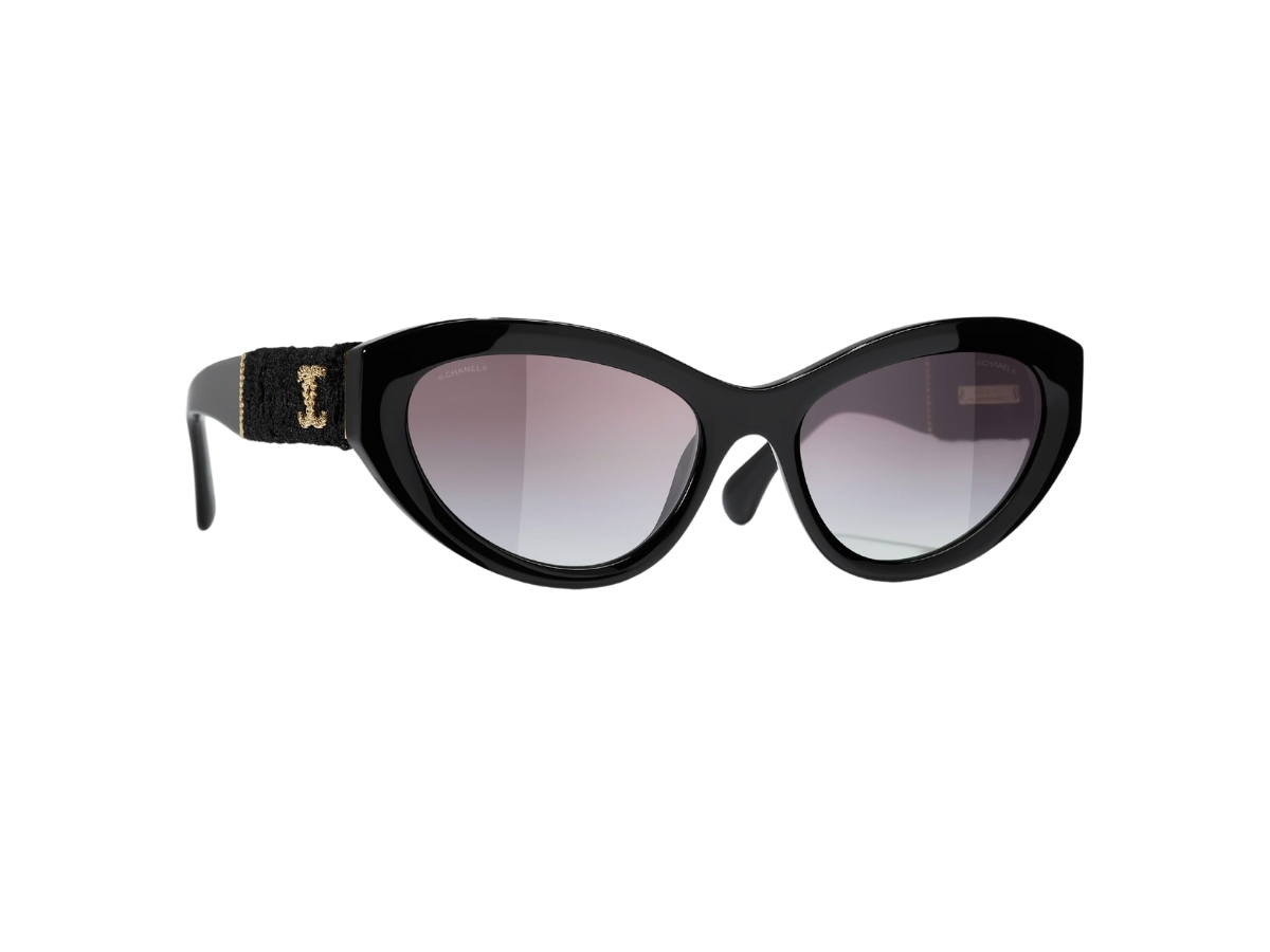 Chanel Cat Eye Sunglasses In Black Acetate-Tweed-Gold CC  display picture 2