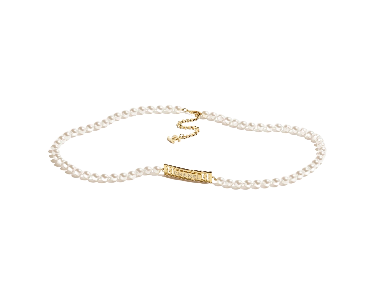 Chanel Chain Belt In Square Chain Lettering Metal-Glass Pearls-Diamantés With Gold-Pearly White-Crystal