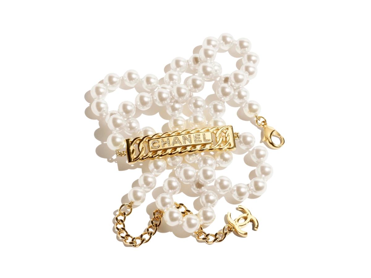 Chanel Chain Belt In Square Chain Lettering Metal-Glass Pearls-Diamantés With Gold-Pearly White-Crystal