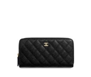 Chanel Classic Long Zipped Wallet In Grained Calfskin With Gold-Tone Metal Black