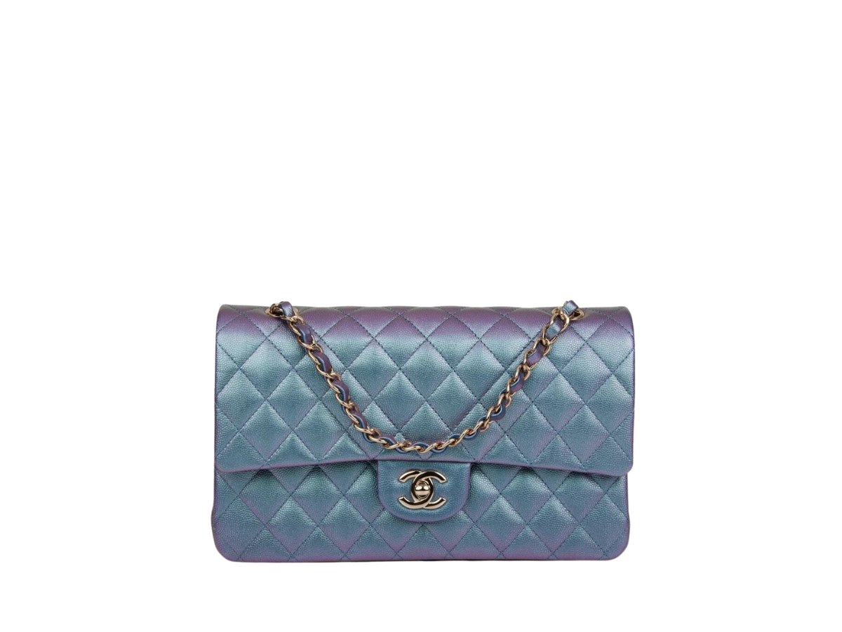 Chanel Medium Classic Double Flap Bag Blue Iridescent Caviar Light Gold  Hardware