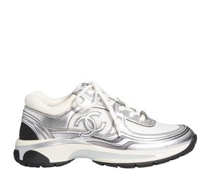 Chanel Fabric Laminated Sneakers White Silver