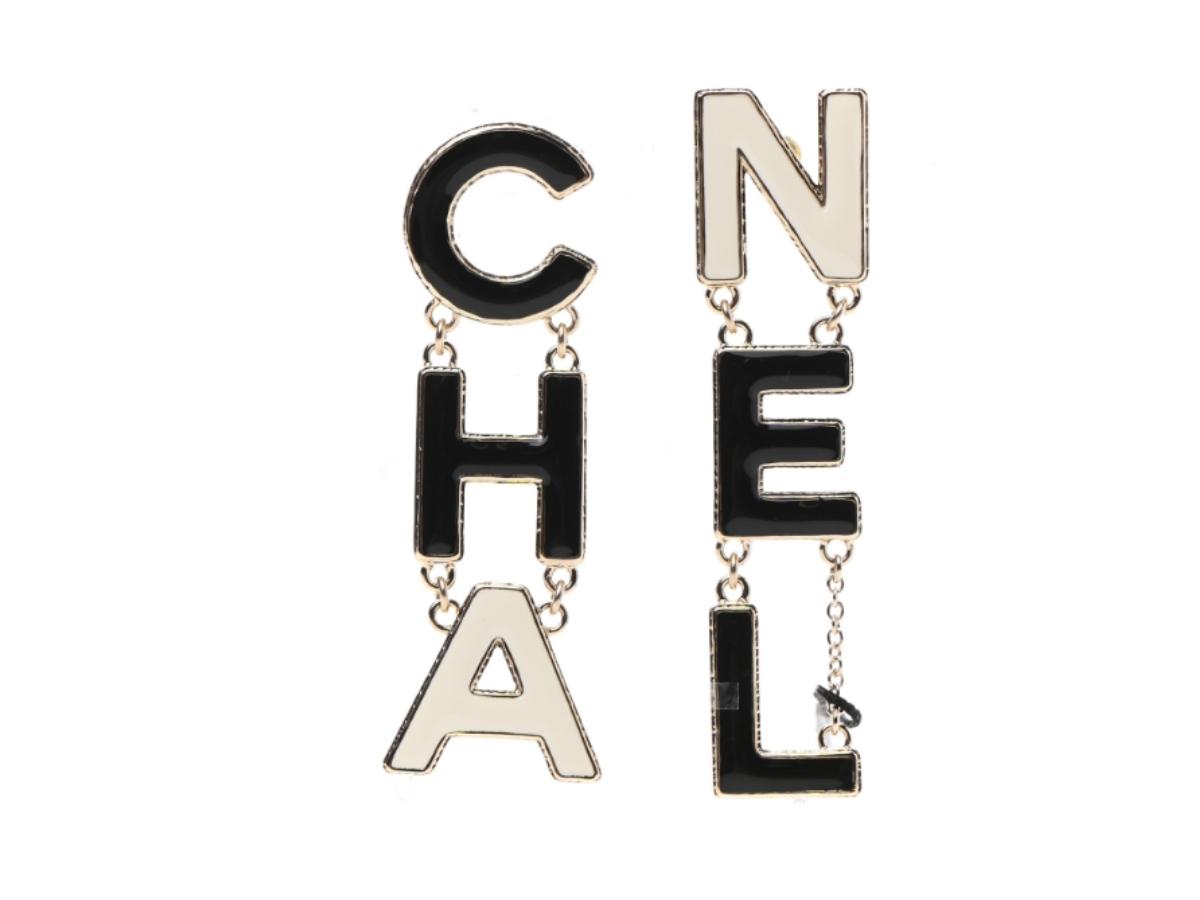 Chanel Enamel Letter CHA-NEL Logo Drop Earrings XL Black /gold